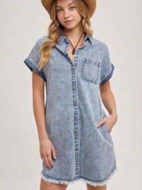Bluivy Women's Frayed Hem Chest Pocket Denim Shirt Dress M